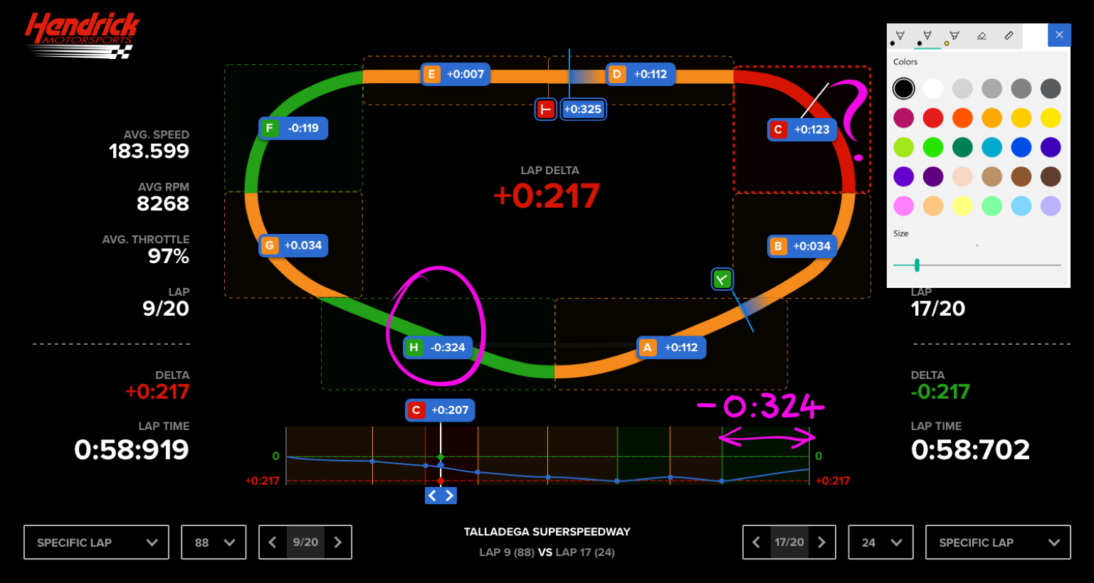 A turn is marked up with hand-written notes directly onto the interface